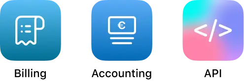 Icons zur Darstellung der become.1 Schnittstellen: Billing (Abrechnung), Accounting (Buchhaltung) und API (Integrationsoffenheit)