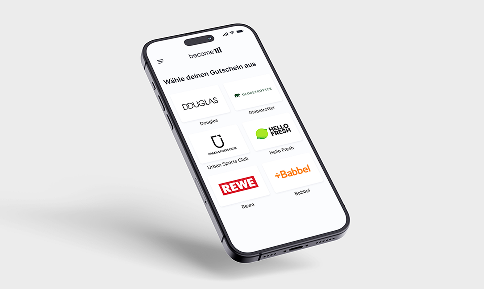 Smartphone mit become.1 Gutscheinplattform, Auswahl von Anbietern sichtbar