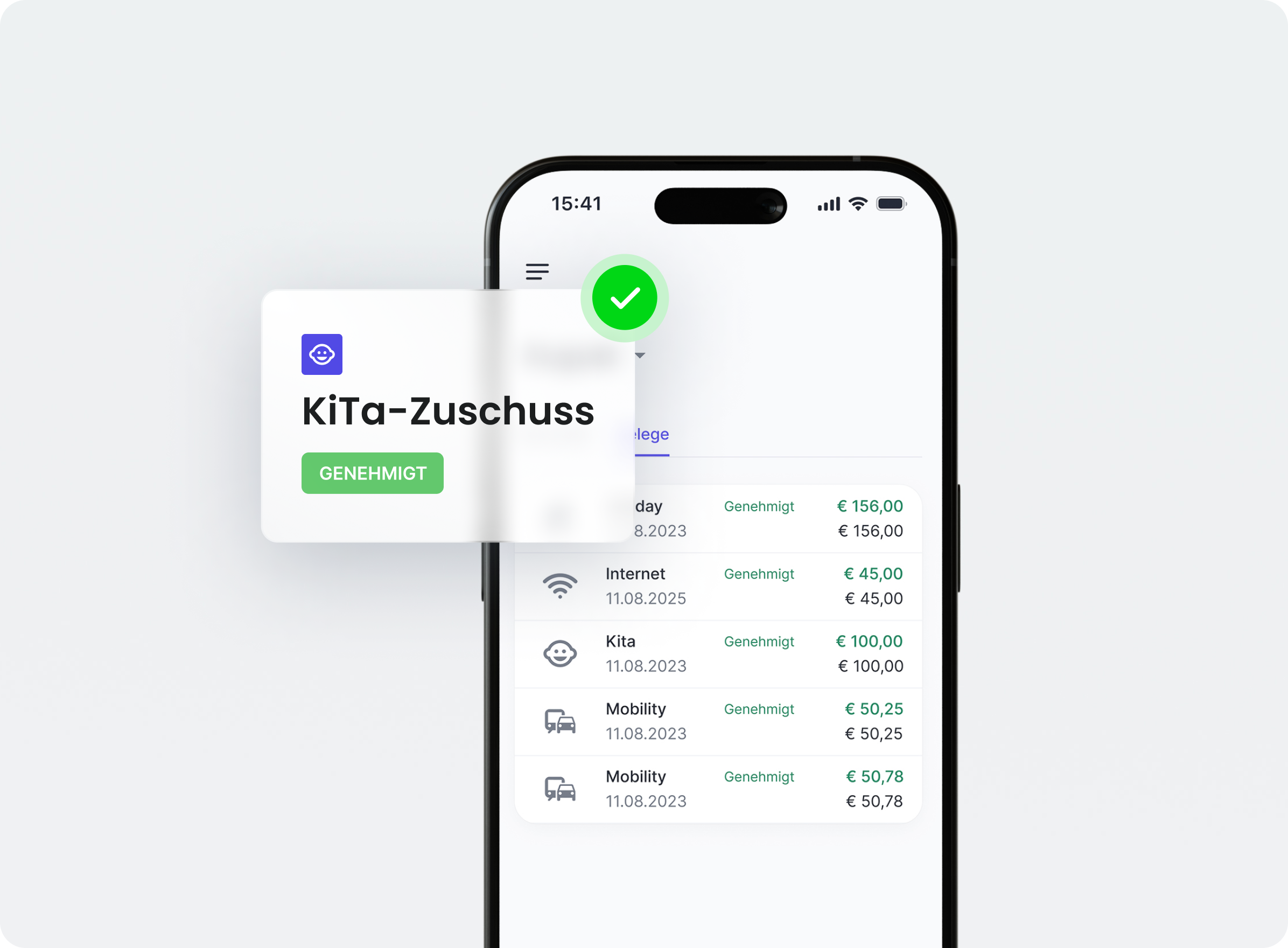Smartphone zeigt genehmigte Kosten für Kita-Zuschuss und weitere Ausgaben in der become.1 App