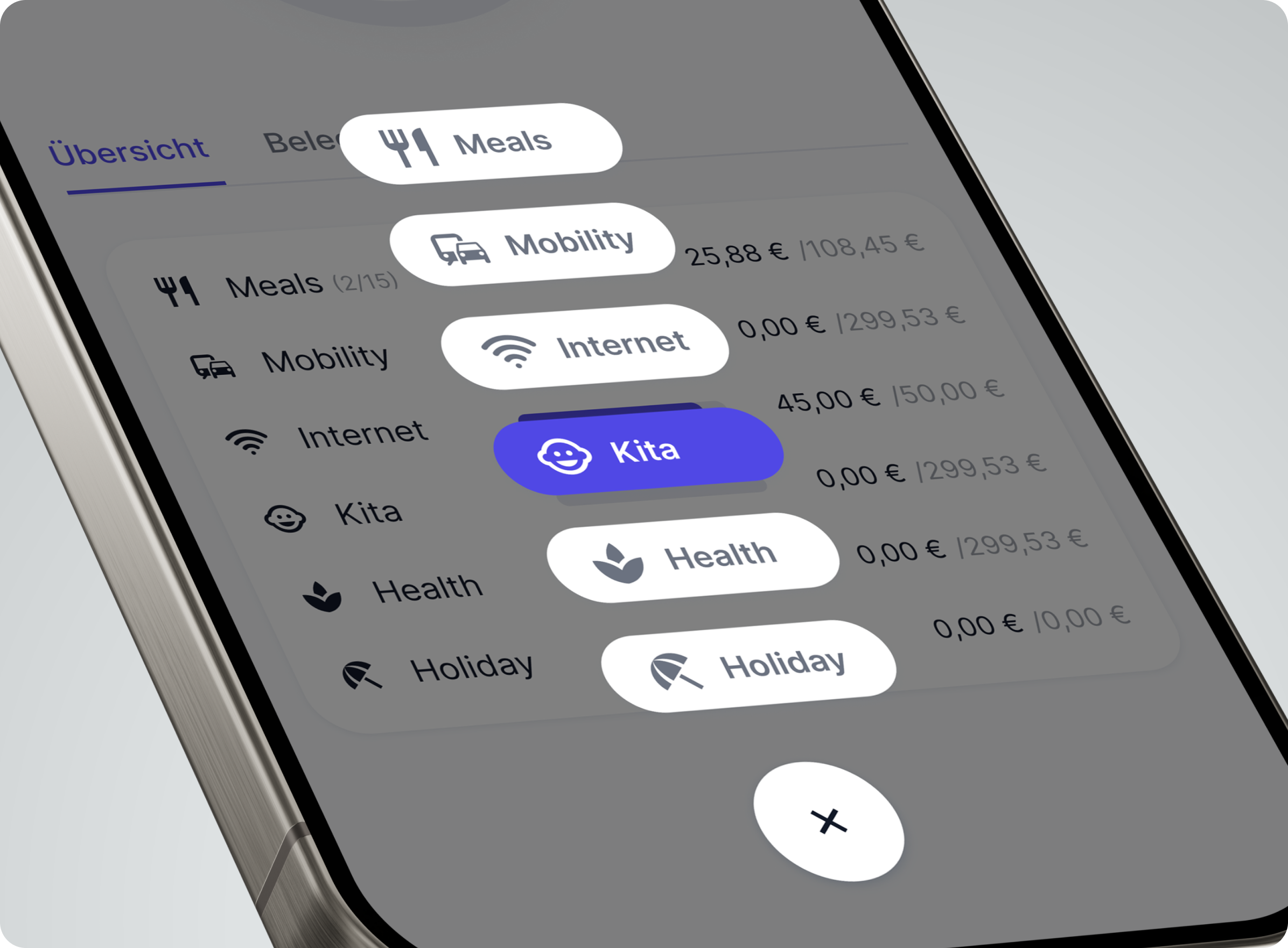 Smartphone zeigt become.1 App mit Ausgabenübersicht für verschiedene Kategorien