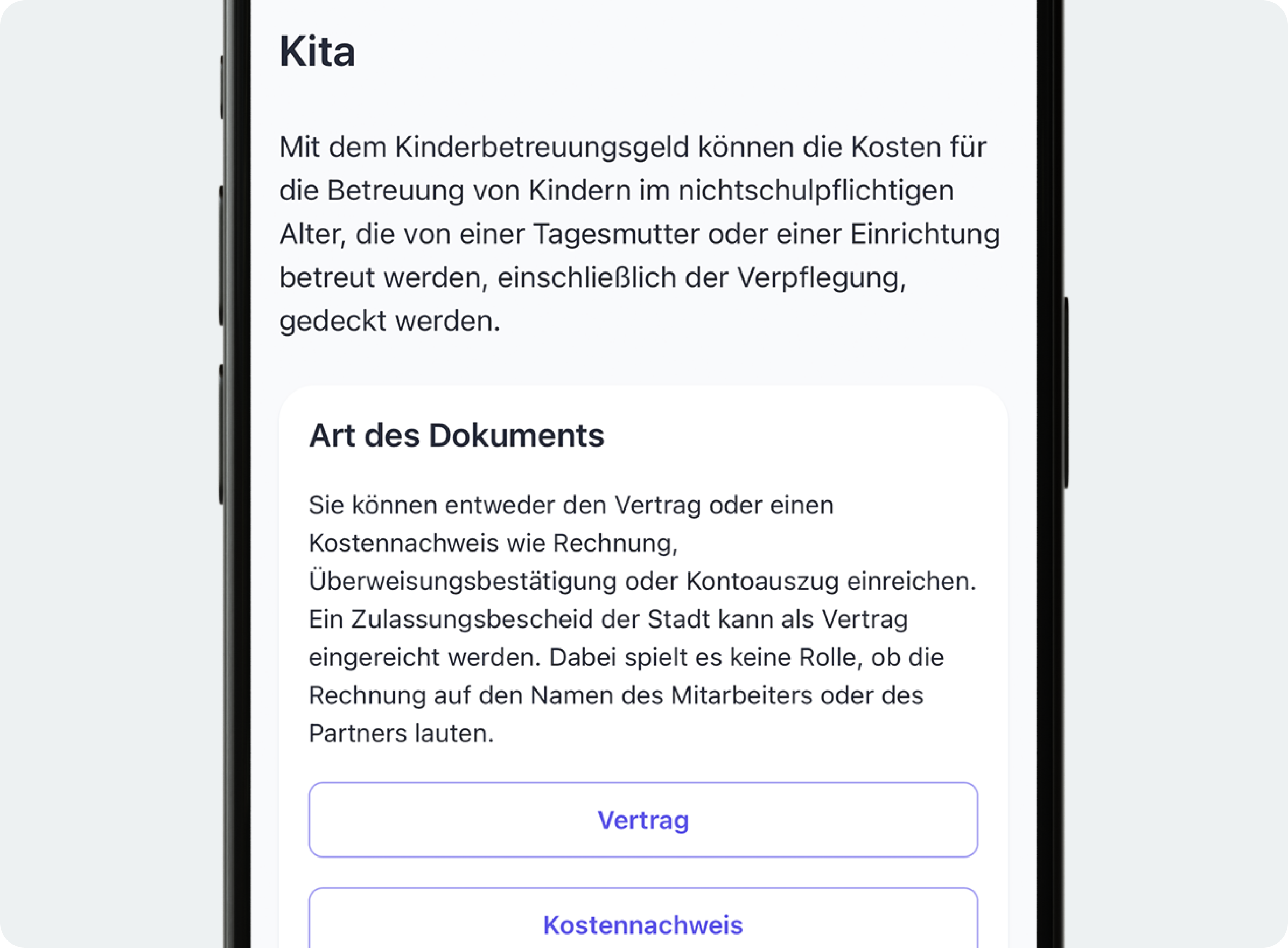 Smartphone zeigt Informationen zur Kostenerstattung bei Kinderbetreuung (Kita)