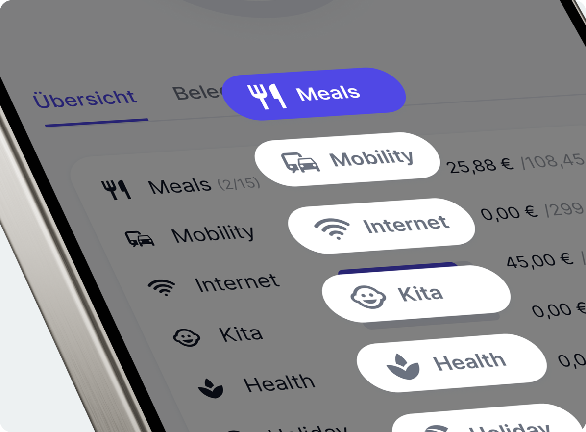 Smartphone zeigt become.1 App mit Ausgabenübersicht für verschiedene Kategorien