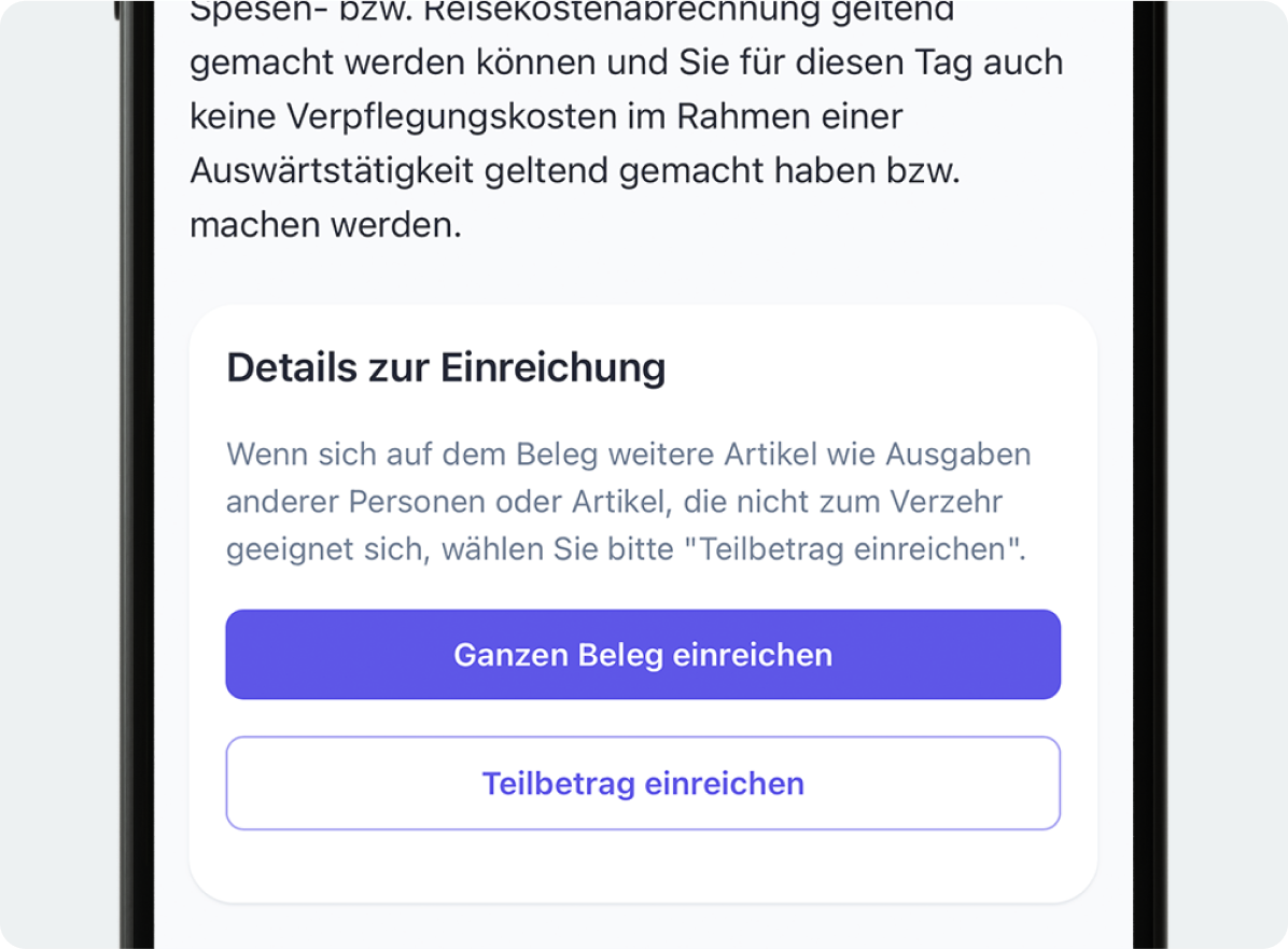Smartphone zeigt Informationen zur Kostenerstattung beim Essenszuschuss (Meals)