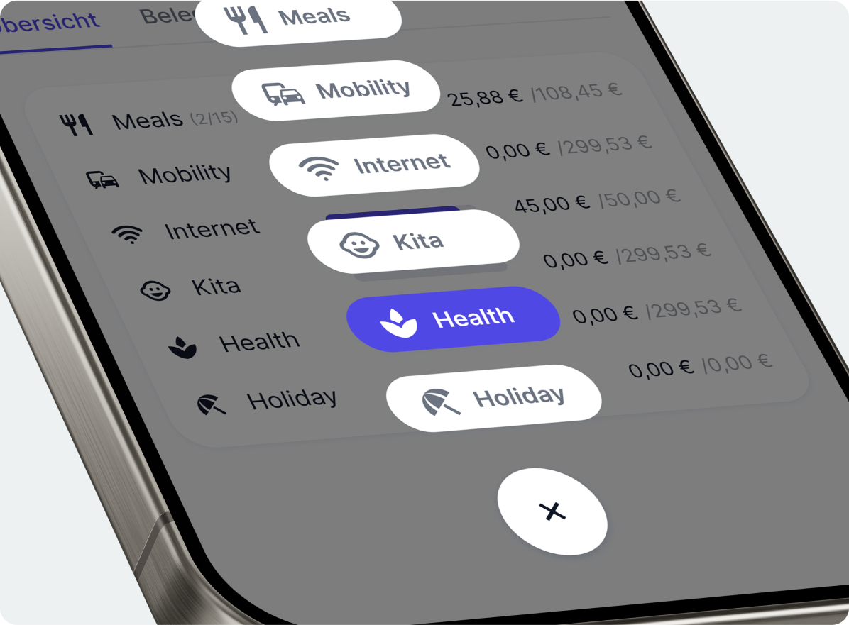 Smartphone zeigt become.1 App mit Ausgabenübersicht für verschiedene Kategorien