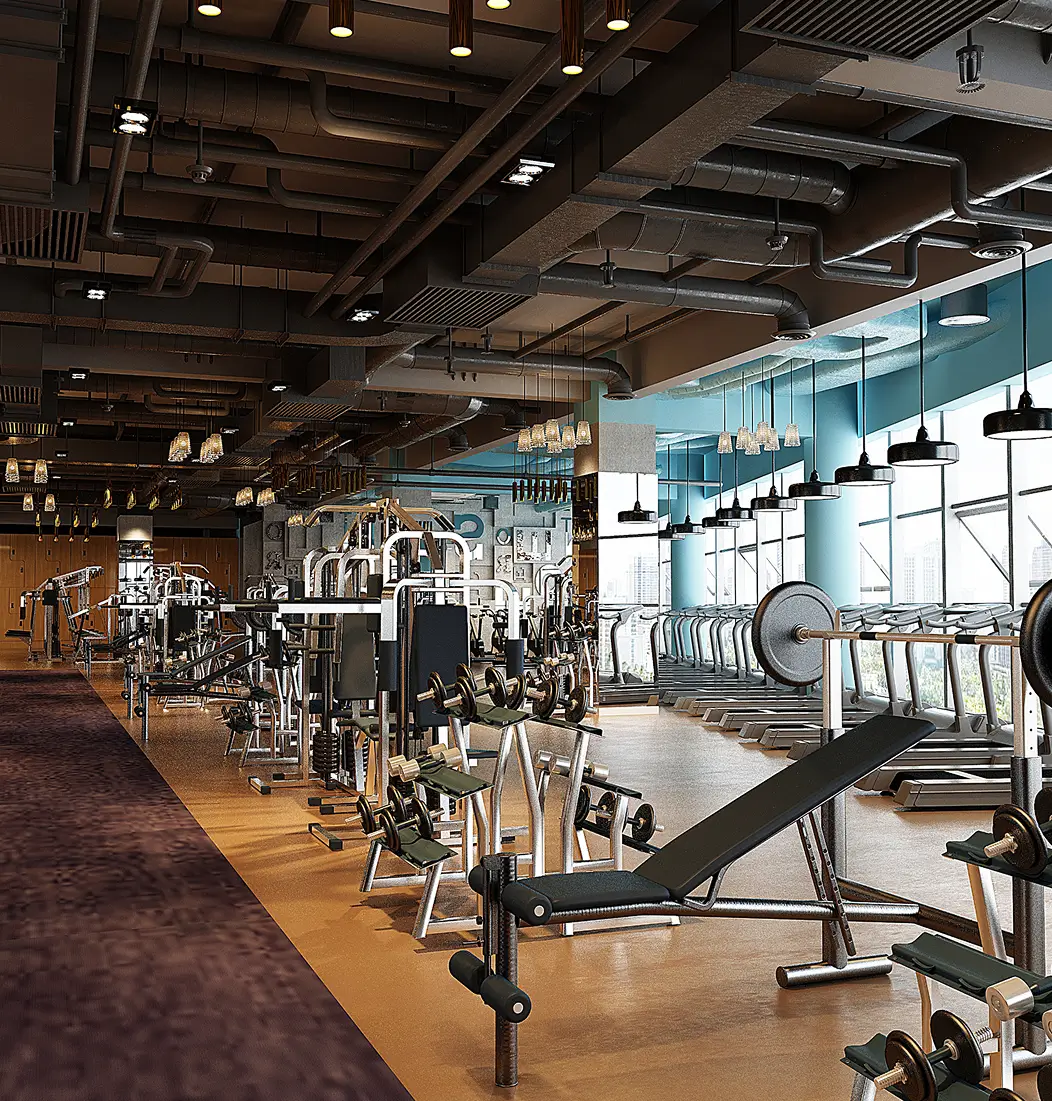 Modernes Fitnessstudio mit Hanteln, Laufbändern und Kraftgeräten