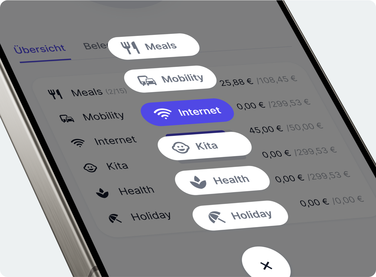 Smartphone zeigt become.1 App mit Ausgabenübersicht für verschiedene Kategorien
