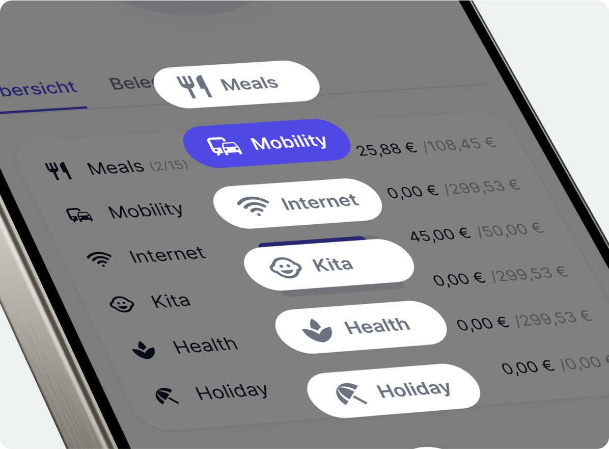 Smartphone zeigt become.1 App mit Ausgabenübersicht für verschiedene Kategorien