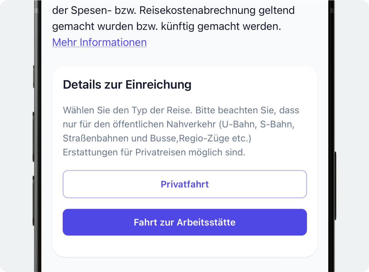 Smartphone zeigt Informationen zur Kostenerstattung beim Mobilitätszuschuss (Mobility)