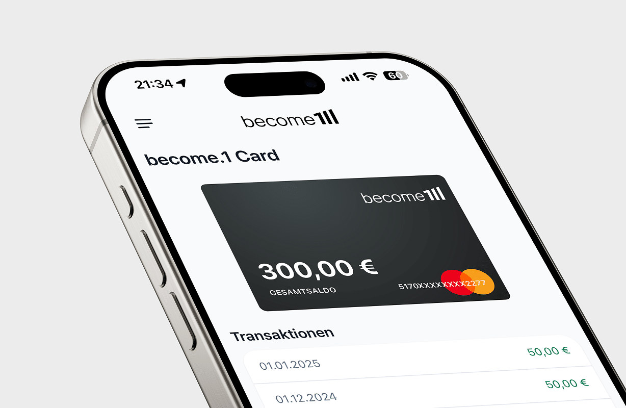 Smartphone mit become.1 App und angezeigtem Kartenguthaben