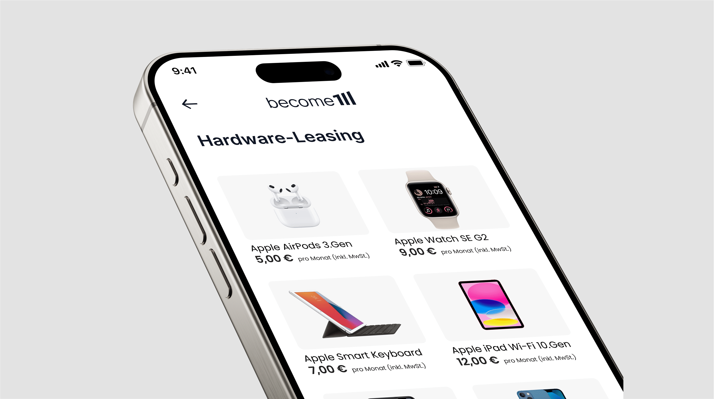 Smartphone zeigt eine Liste von Hardware-Leasing-Produkten in become.1 Leasy