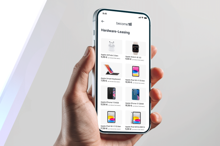 Smartphone zeigt eine Liste von Hardware-Leasing-Produkten in become.1 Leasy